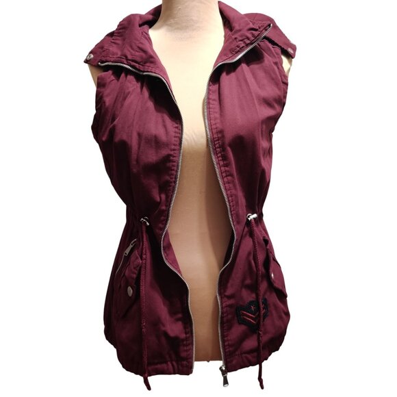 YMI S Burgundy Red Utility Hooded Vest Drawstring Street Style Militarycore Moto - Picture 10 of 11